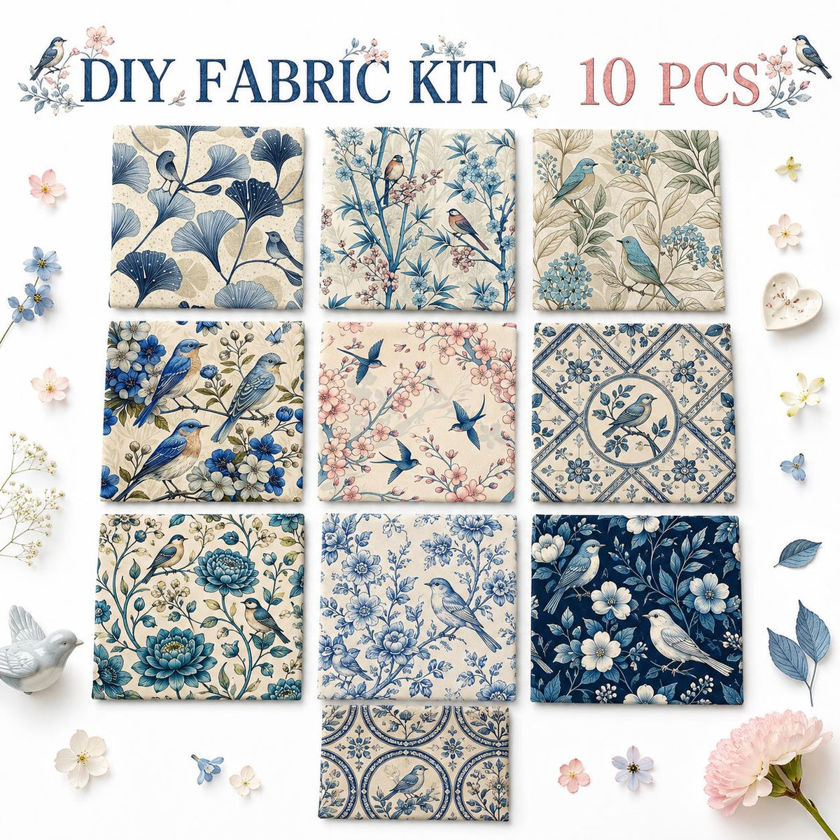 10pcs Charm Pack Set Floral Bird Vintage Style Pattern Handmade DIY with Rich Color and Texture Elements 100% Polyester Patchwork in 10 Design Styles Suitable for Patchwork DIY Craft Projects DIY Wallet Making Gift Giving Bag Making Mother's Day Gift