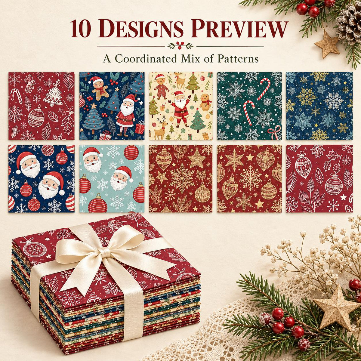 10Pc/Set Christmas Series Star Deer Santa Claus Holly Crutch Fat Quarter Fabric, Pre-Cut Square Fabric Assort, Fabric Set, Craft Fabric, Handmade DIY Patchwork Fabric,Home Quilting Sewing Fabric, Packaging Fabric, Scrapbooking Craft Hobbyist