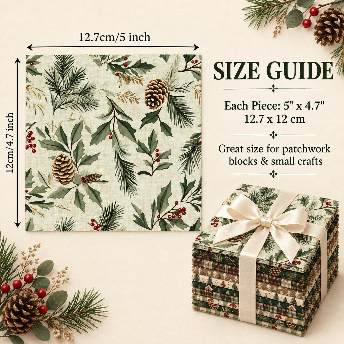 10Pc/set Christmas Series plaid tree mushroom Holly Pinecones Fat Quarter Fabric, Pre-Cut Square Fabric Assort, Fabric Set, Craft Fabric, Handmade DIY Patchwork Fabric,Home Quilting Sewing Fabric, Packaging Fabric, Scrapbooking Craft Hobbyist
