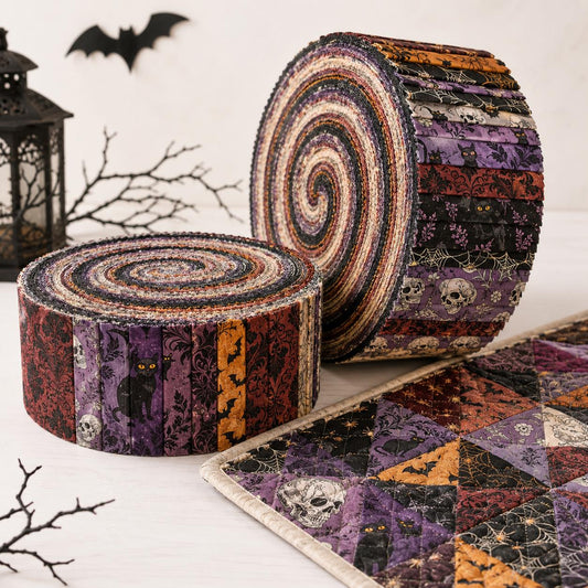 10pcs Vintage Bat Skull Cat Halloween Pattern Jelly Roll Fabric Strips 2.5X19.7inch Pre-Cut 100% Polyester For Patchwork Quilts, Table Runners, Placemats, Tote Bags, Storage Pouches, Makeup Bags, Coasters, Quilt Blocks & Binding