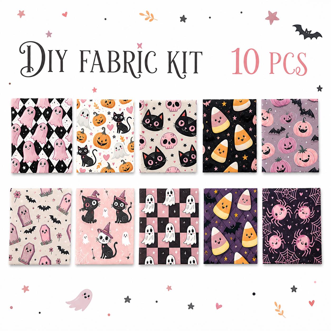 10pcs Charm Pack Set  Bat Ghost Cat Pumpkin Halloween Vintage Style Pattern Handmade DIY with Rich Color and Texture Elements 100% Polyester Patchwork in 10 Design Styles Suitable for Patchwork DIY Craft Projects DIY Wallet Making Gift Giving Bag Making