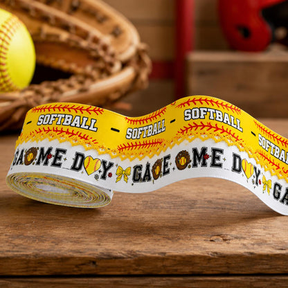 5 Yards Sport Series Ribbon Adorned with Softball Pattern, Width 32mm/1.26-Inch, Two Ribbon Equipped with White Yellow Center Hook Edge, Ideal for Showcasing Jewelry And Wrapping Gifts, Creating Bows, Holiday Decorations