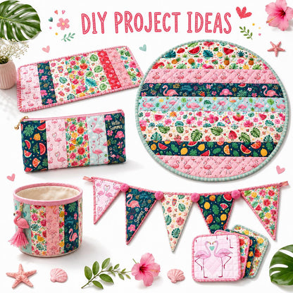 10Pc/Set, Making 10 Images 1pc Each, Each Size: 6.3*50cm Summer Watermelon Flamingo Series Sliced Fabric Set Style Combination, Polyester Jelly Roll Fabric Strips, Pre-Cut Quilting Squares, For Quilting DIY, Handicrafts And Sewing, Blankets, Rugs
