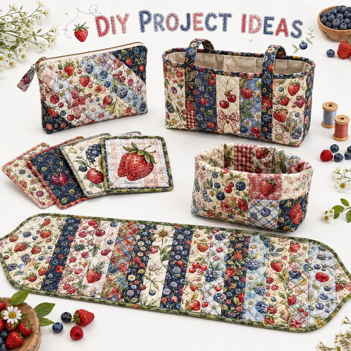 10pcs Vintage Strawberry Blueberry Floral Pattern Jelly Roll Fabric Strips 2.5X19.7inch Pre-Cut 100% Polyester For Patchwork Quilts, Table Runners, Placemats, Tote Bags, Storage Pouches, Makeup Bags, Coasters, Quilt Blocks & Binding