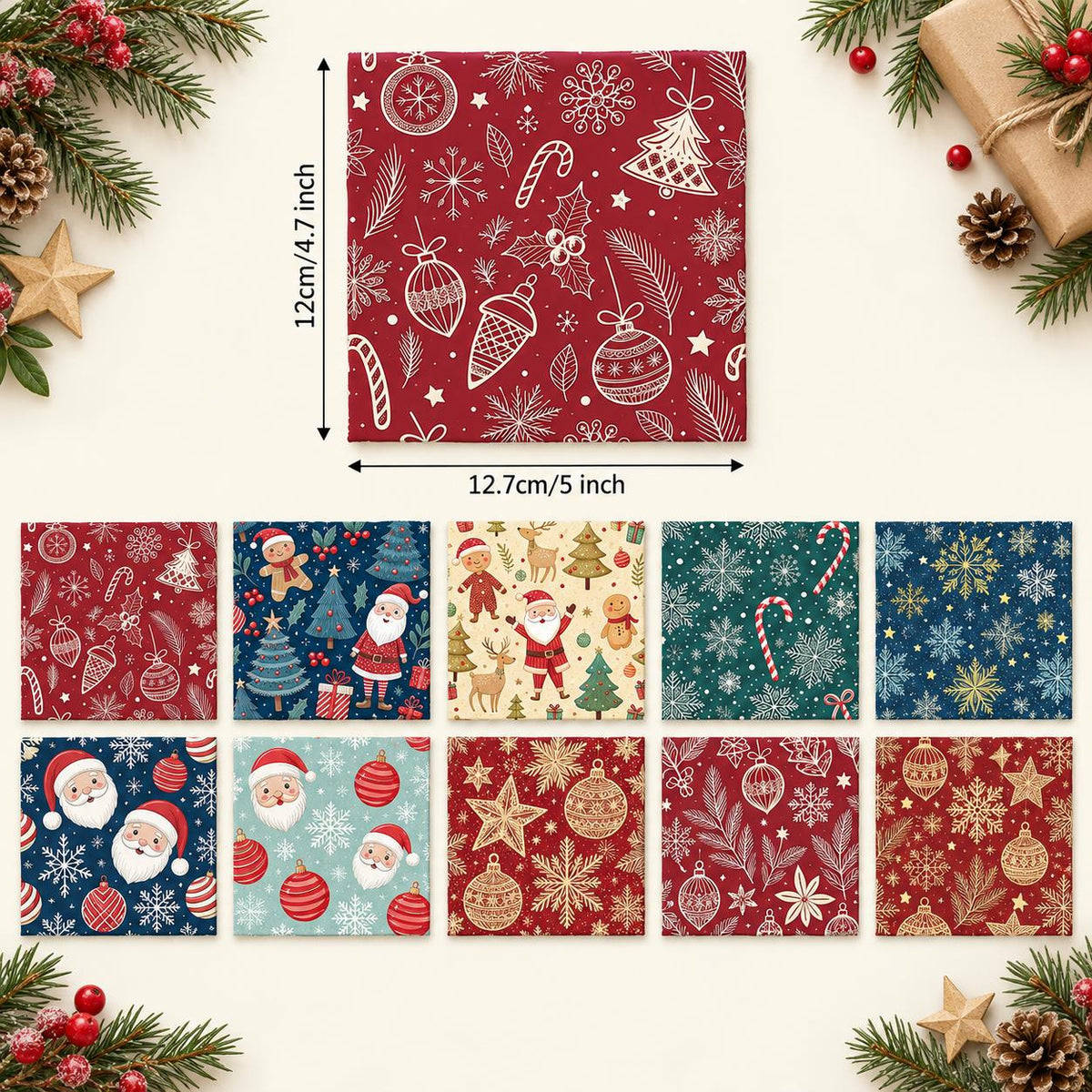10Pc/Set Christmas Series Star Deer Santa Claus Holly Crutch Fat Quarter Fabric, Pre-Cut Square Fabric Assort, Fabric Set, Craft Fabric, Handmade DIY Patchwork Fabric,Home Quilting Sewing Fabric, Packaging Fabric, Scrapbooking Craft Hobbyist