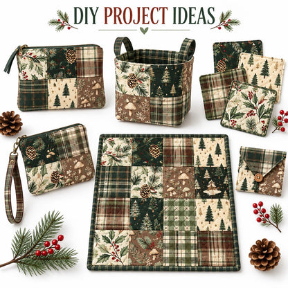 10Pc/set Christmas Series plaid tree mushroom Holly Pinecones Fat Quarter Fabric, Pre-Cut Square Fabric Assort, Fabric Set, Craft Fabric, Handmade DIY Patchwork Fabric,Home Quilting Sewing Fabric, Packaging Fabric, Scrapbooking Craft Hobbyist