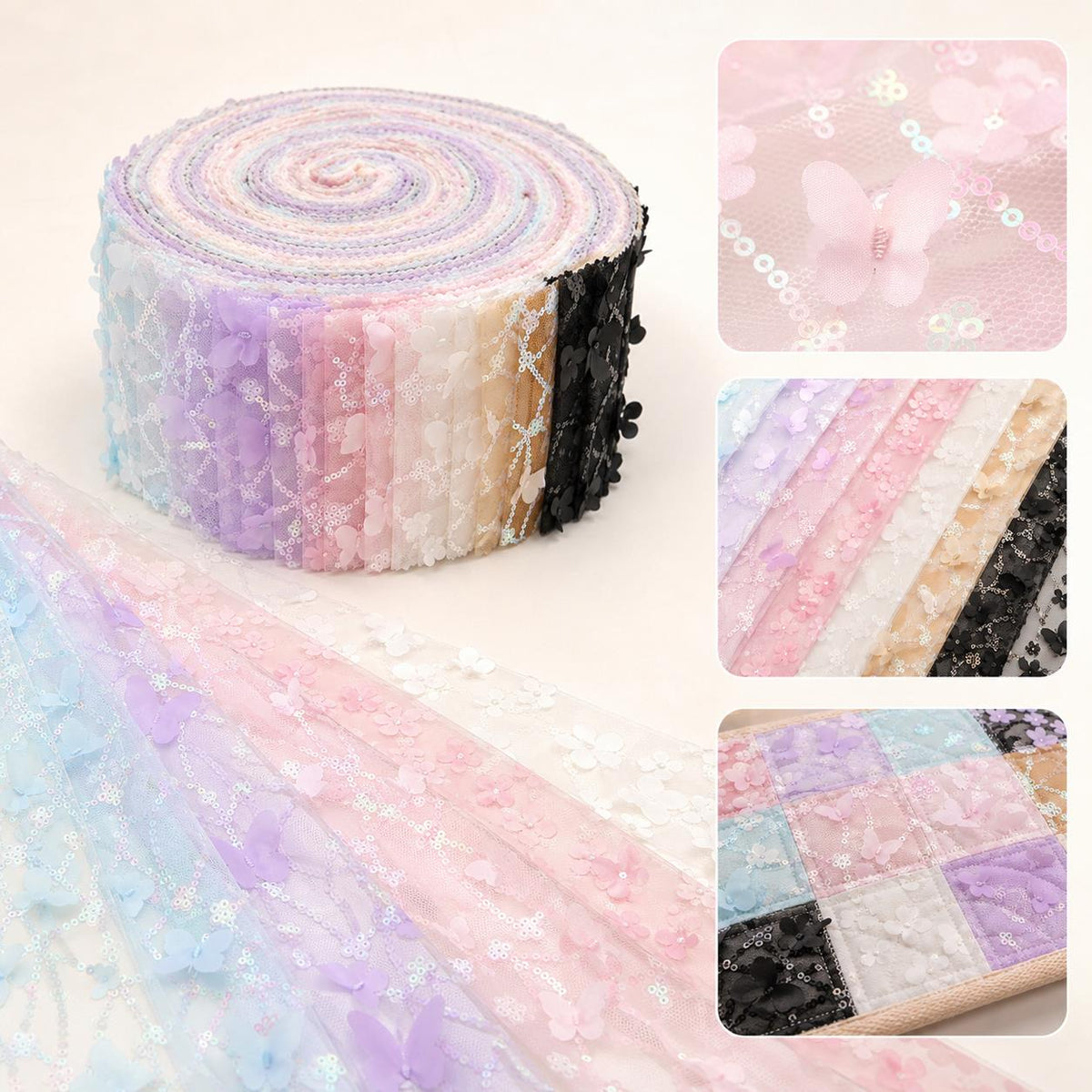 10Pc/Set, Making 10 Images 1pc Each, Each Size: 6.3*50cm Floral Butterfly Mesh Gauze Lace Series Sliced Fabric Set Style Combination, Polyester Jelly Roll Fabric Strips, Pre-Cut Quilting Squares, For Quilting DIY, Handicrafts And Sewing, Blankets, Rugs, I