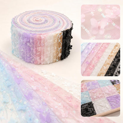 10Pc/Set, Making 10 Images 1pc Each, Each Size: 6.3*50cm Floral Butterfly Mesh Gauze Lace Series Sliced Fabric Set Style Combination, Polyester Jelly Roll Fabric Strips, Pre-Cut Quilting Squares, For Quilting DIY, Handicrafts And Sewing, Blankets, Rugs, I