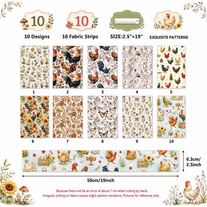 10Pc/Set, Making 10 Images 1pc Each, Each Size: 6.3*50cm Floral Butterfly Rooster Series Sliced Fabric Set Style Combination, Polyester Jelly Roll Fabric Strips, Pre-Cut Quilting Squares, For Quilting DIY, Handicrafts And Sewing, Blankets, Rugs