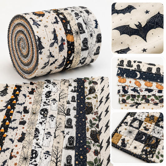 20pcs/set Vintage Ghost Halloween Pattern Jelly Roll Fabric Strips 2.5X19.7inch Pre-Cut 100% Polyester For Patchwork Quilts, Table Runners, Placemats, Tote Bags, Storage Pouches, Makeup Bags, Coasters, Quilt Blocks & Binding
