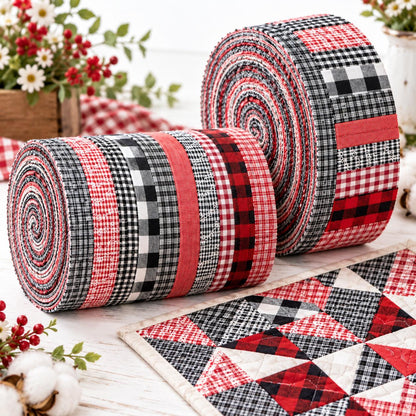 10pcs Vintage Plaid Red & Black Pattern Jelly Roll Fabric Strips 2.5X19.7inch Pre-Cut 100% Polyester For Patchwork Quilts, Table Runners, Placemats, Tote Bags, Storage Pouches, Makeup Bags, Coasters, Quilt Blocks & Binding