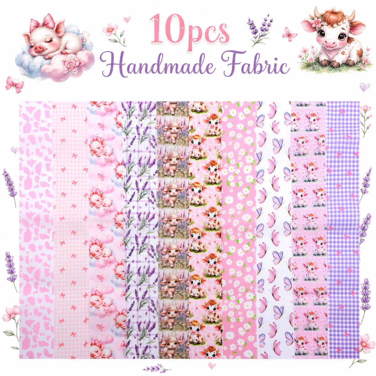 10pcs Vintage Lavender Cow Butterfly Pattern Jelly Roll Fabric Strips 2.5X19.7inch Pre-Cut 100% Polyester For Patchwork Quilts, Table Runners, Placemats, Tote Bags, Storage Pouches, Makeup Bags, Coasters, Quilt Blocks & Binding Multi-Color