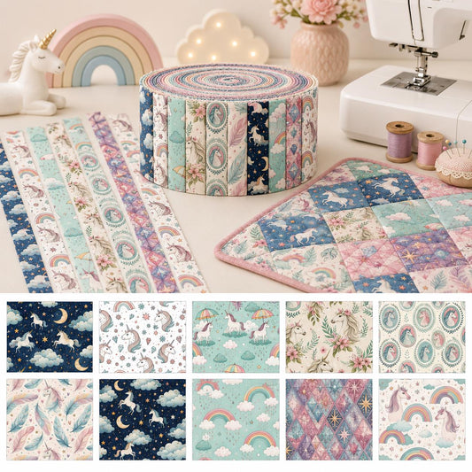 10pcs Vintage Unicorn Moon Pattern Jelly Roll Fabric Strips 2.5X19.7inch Pre-Cut 100% Polyester For Patchwork Quilts, Table Runners, Placemats, Tote Bags, Storage Pouches, Makeup Bags, Coasters, Quilt Blocks & Binding
