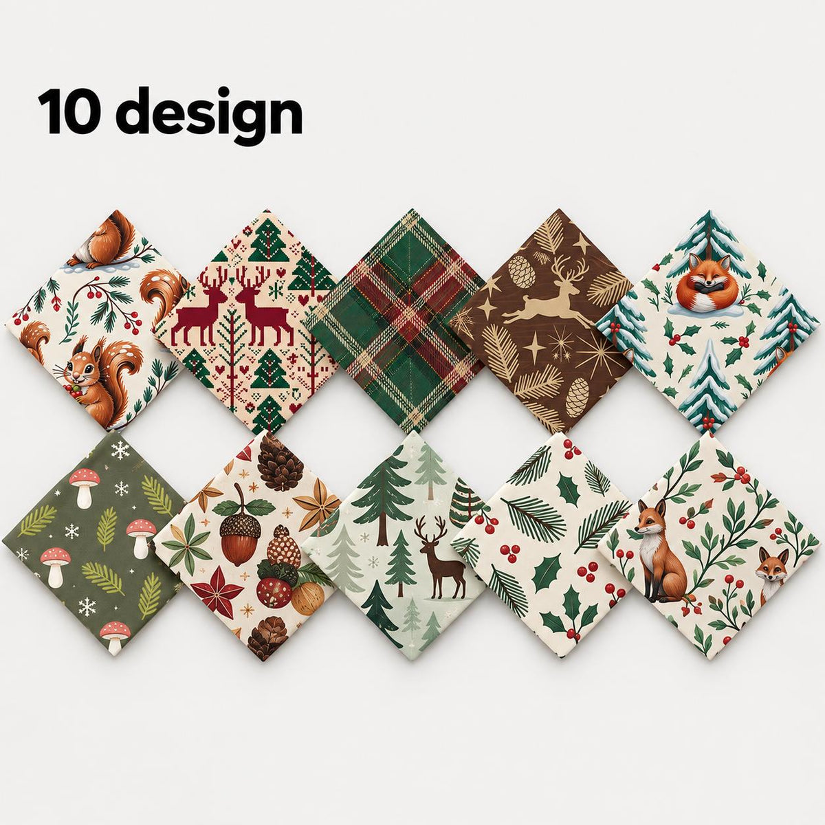 10Pc/Set Christmas Series Star Deer Fox Squirrel Holly Pinecones Fat Quarter Fabric, Pre-Cut Square Fabric Assort, Fabric Set, Craft Fabric, Handmade DIY Patchwork Fabric,Home Quilting Sewing Fabric, Packaging Fabric, Scrapbooking Craft Hobbyist