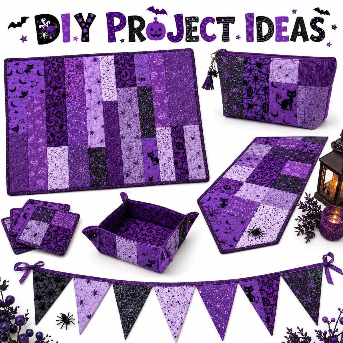 10pcs/Set, Making 10 Images 1pc Each, Each Size: 2.48*19.69inch Pumpkin Spider Plain Purple Halloween Pattern Sliced Fabric Set Style Combination, Polyester Jelly Roll Fabric Strips, Pre-Cut Quilting Squares, for Quilting DIY, Handicrafts And Sewing, Blan