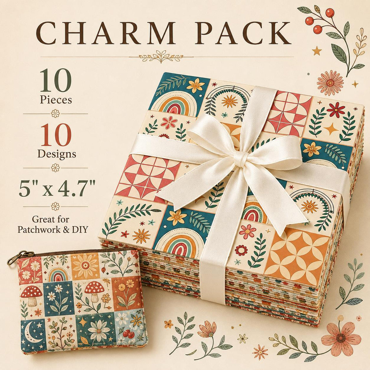 10Pc/Set Flower Series Stripe Daisy Rhombus Mushroom Fat Quarter Fabric, Pre-Cut Square Fabric Assort, Fabric Set, Craft Fabric, Handmade DIY Patchwork Fabric,Home Quilting Sewing Fabric, Packaging Fabric, Scrapbooking Craft Hobbyist