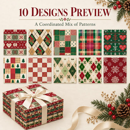 10Pc/Set Christmas Series Stripe Heart Plaid Holly Pinecones Fat Quarter Fabric, Pre-Cut Square Fabric Assort, Fabric Set, Craft Fabric, Handmade DIY Patchwork Fabric,Home Quilting Sewing Fabric, Packaging Fabric, Scrapbooking Craft Hobbyist