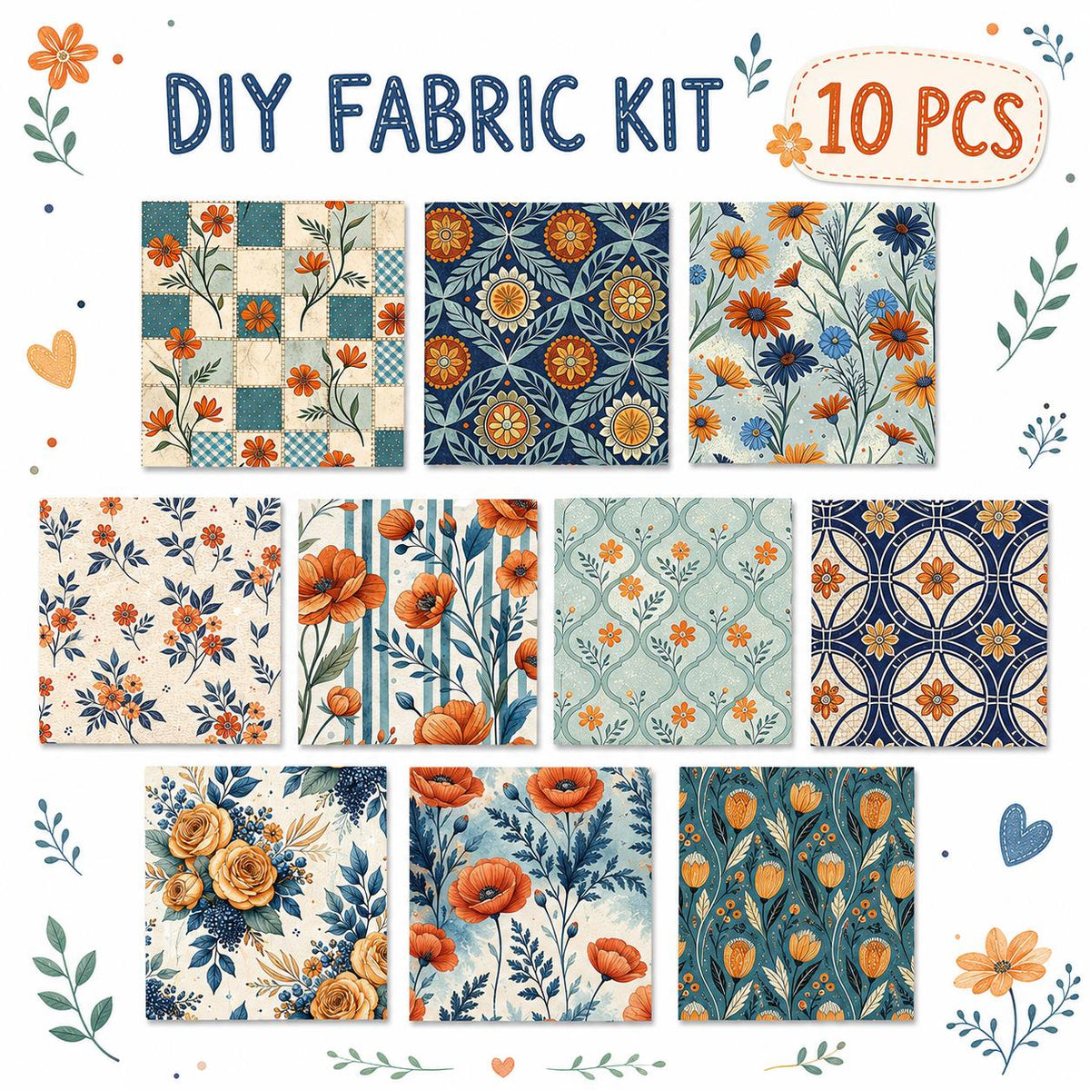 10Pc/Set Flower Plaid Daisy Blue Series Fat Quarter Fabric, Pre-Cut Square Fabric Assort, Fabric Set, Craft Fabric, Handmade DIY Patchwork Fabric,Home Quilting Sewing Fabric, Packaging Fabric, Scrapbooking Craft Hobbyist