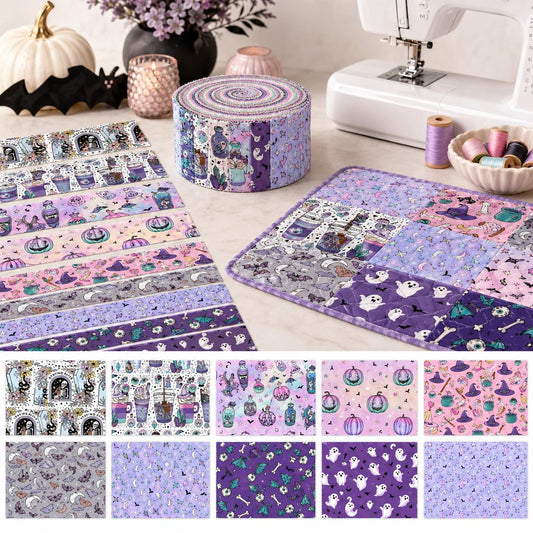 10pcs Vintage Bat Ghost Halloween Theme Jelly Roll Fabric Strips 2.5X19.7inch Pre-Cut 100% Cotton For Patchwork Quilts, Table Runners, Placemats, Tote Bags, Storage Pouches, Makeup Bags, Coasters, Quilt Blocks & Binding