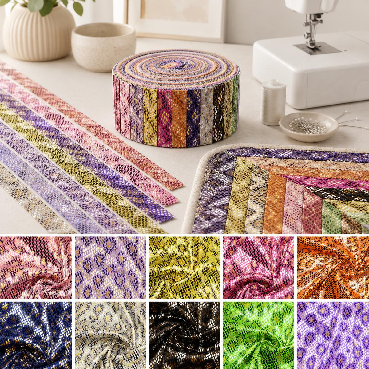 10pcs Vintage Snake Pattern Metallic Jelly Roll Fabric Strips 2.5X19.7inch Pre-Cut 100% Polyester For Patchwork Quilts, Table Runners, Placemats, Tote Bags, Storage Pouches, Makeup Bags, Coasters, Quilt Blocks & Binding