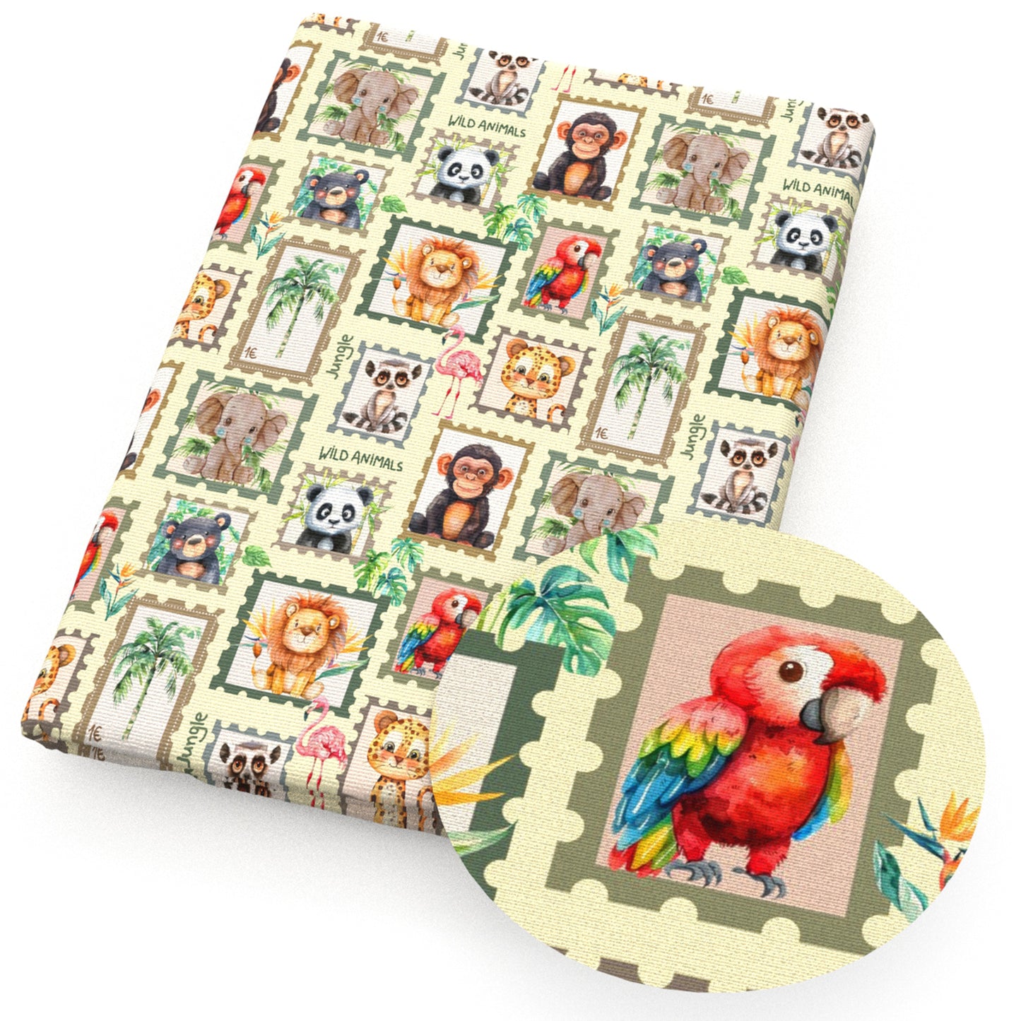 monkey panda bird elephant coconut palm tree flamingo stamp fabric