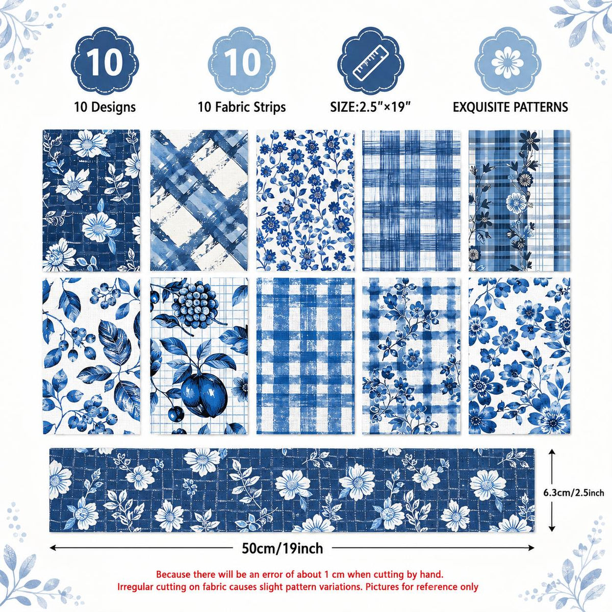 10pcs Vintage Floral Plaid Blue Pattern Jelly Roll Fabric Strips 2.5X19.7inch Pre-cut 100% Polyester for Patchwork Quilts, Table Runners, Placemats, Tote Bags, Storage Pouches, Makeup Bags, Coasters, Quilt Blocks & Binding Multi-color