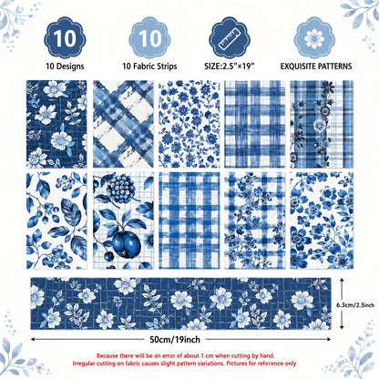 10pcs Vintage Floral Plaid Blue Pattern Jelly Roll Fabric Strips 2.5X19.7inch Pre-cut 100% Polyester for Patchwork Quilts, Table Runners, Placemats, Tote Bags, Storage Pouches, Makeup Bags, Coasters, Quilt Blocks & Binding Multi-color