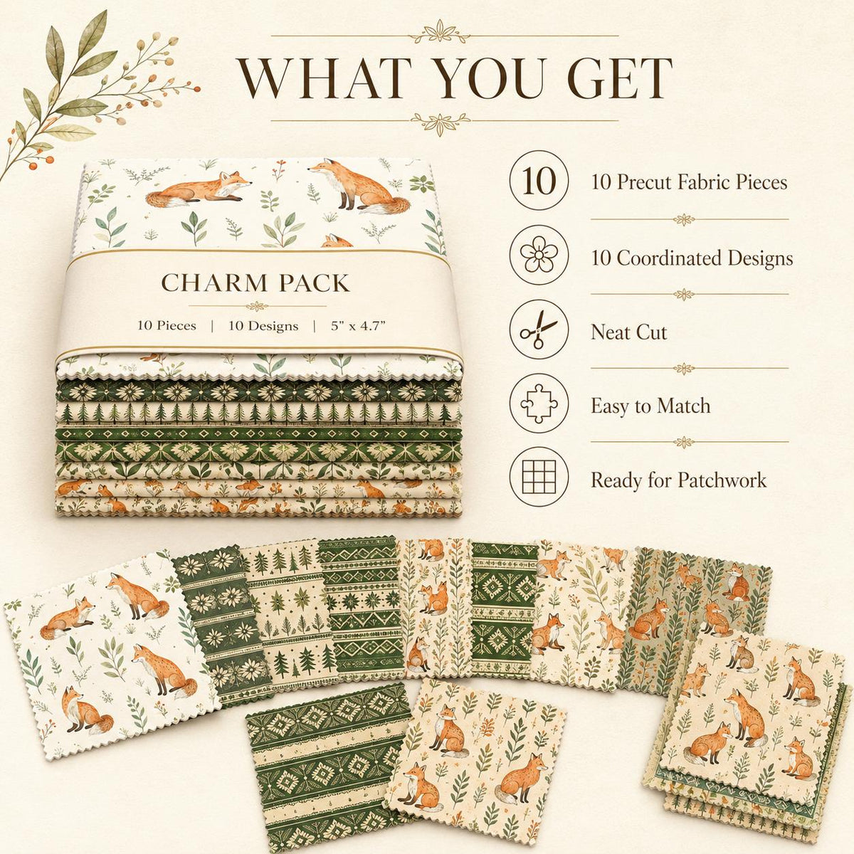 10pcs Charm Pack Set Floral Fox Pattern Vintage Style Handmade DIY with Rich Color and Texture Elements 100% Polyester Patchwork in 10 Design Styles Suitable for Patchwork DIY Craft Projects DIY Wallet Making Gift Giving Bag Making Mother's Day Gift