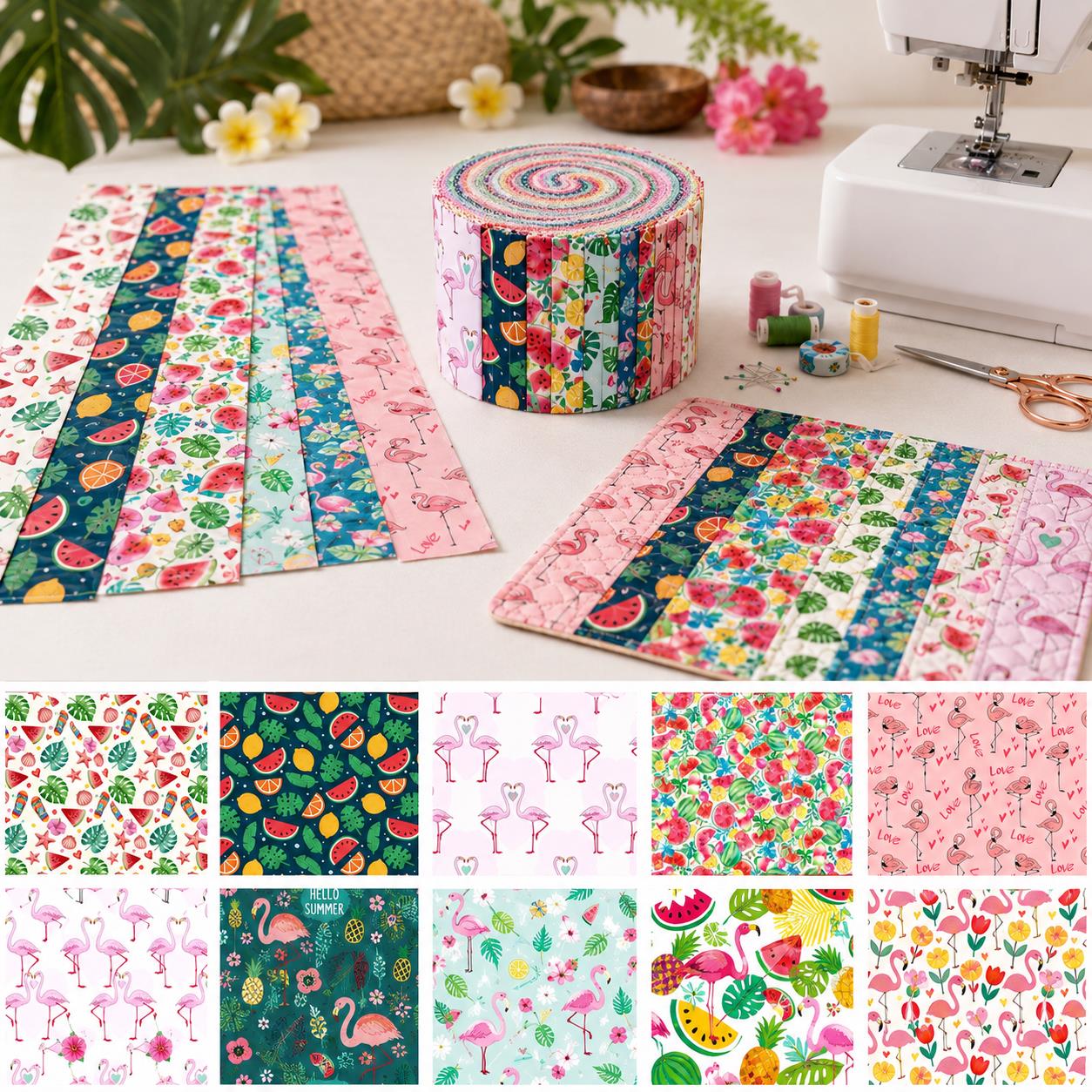 10Pc/Set, Making 10 Images 1pc Each, Each Size: 6.3*50cm Summer Watermelon Flamingo Series Sliced Fabric Set Style Combination, Polyester Jelly Roll Fabric Strips, Pre-Cut Quilting Squares, For Quilting DIY, Handicrafts And Sewing, Blankets, Rugs