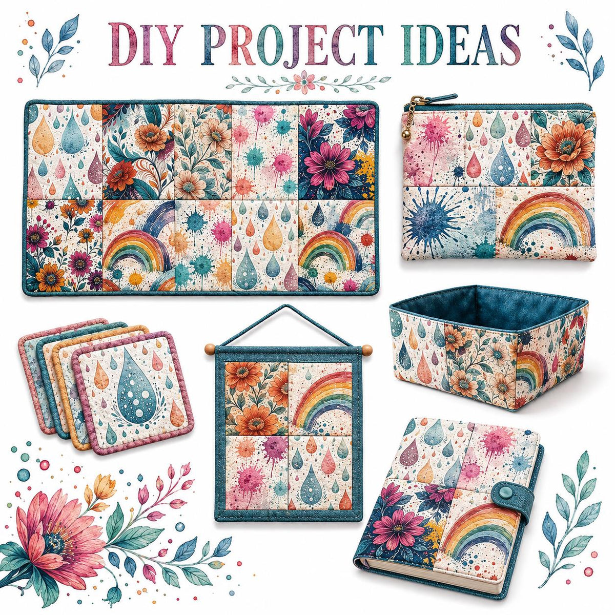 10pcs Charm Pack Set PaInt Splatter Floral Pattern 100% Polyester Patchwork in 10 Design Styles, Ready-To-Sew Without Cutting, Suitable For Patchwork Wallet Making Gift Giving Tote Bags Coasters DIY Craft Projects