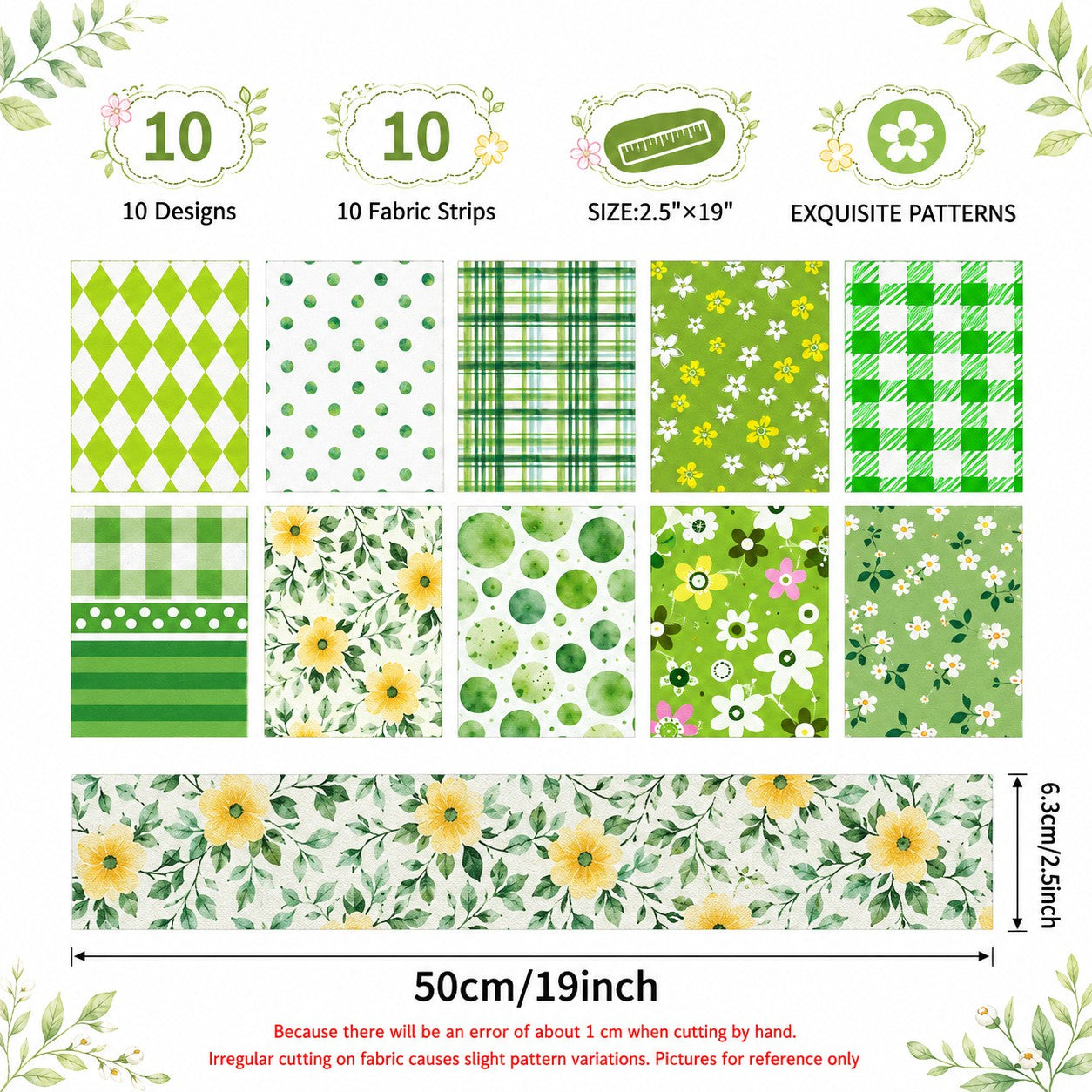 10Pc/Set, Making 10 Images 1pc Each, Each Size: 6.3*50cm Geometric Floral Green Series Sliced Fabric Set Style Combination, Polyester Jelly Roll Fabric Strips, Pre-Cut Quilting Squares, For Quilting DIY, Handicrafts And Sewing, Blankets, Rugs