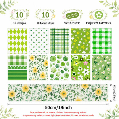 10Pc/Set, Making 10 Images 1pc Each, Each Size: 6.3*50cm Geometric Floral Green Series Sliced Fabric Set Style Combination, Polyester Jelly Roll Fabric Strips, Pre-Cut Quilting Squares, For Quilting DIY, Handicrafts And Sewing, Blankets, Rugs