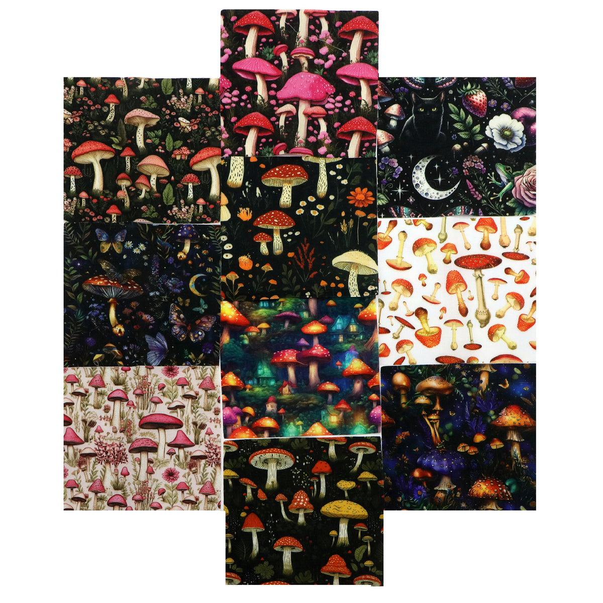 10Pc/Set Mushroom Series Flower Butterfly Cat Strawberry Moon Fat Quarter Fabric, Pre-Cut Square Fabric Assort, Fabric Set, Craft Fabric, Handmade DIY Patchwork Fabric,Home Quilting Sewing Fabric, Packaging Fabric, Scrapbooking Craft Hobbyist