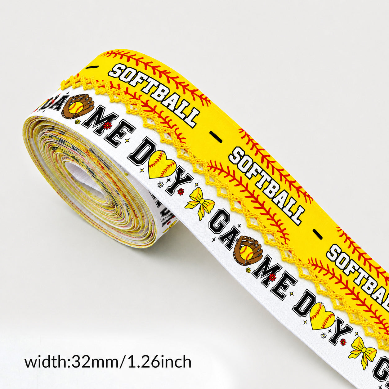 5 Yards Sport Series Ribbon Adorned with Softball Pattern, Width 32mm/1.26-Inch, Two Ribbon Equipped with White Yellow Center Hook Edge, Ideal for Showcasing Jewelry And Wrapping Gifts, Creating Bows, Holiday Decorations