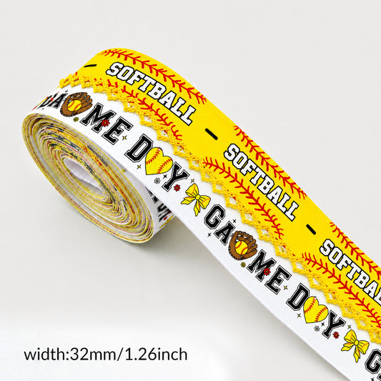 5 Yards Sport Series Ribbon Adorned with Softball Pattern, Width 32mm/1.26-Inch, Two Ribbon Equipped with White Yellow Center Hook Edge, Ideal for Showcasing Jewelry And Wrapping Gifts, Creating Bows, Holiday Decorations
