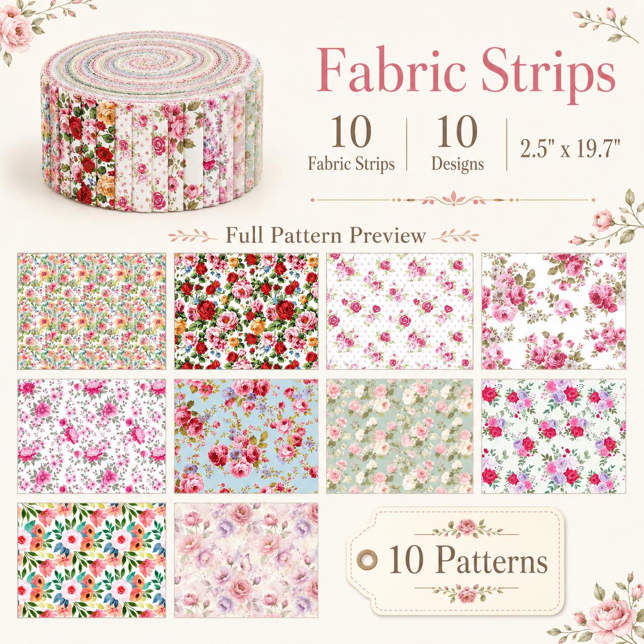 10Pc/Set, Making 10 Images 1pc Each, Each Size: 6.3*50cm Spring Floral Series Sliced Fabric Set Style Combination, Polyester Jelly Roll Fabric Strips, Pre-Cut Quilting Squares, For Quilting DIY, Handicrafts And Sewing, Blankets, Rugs, Interior Decoration
