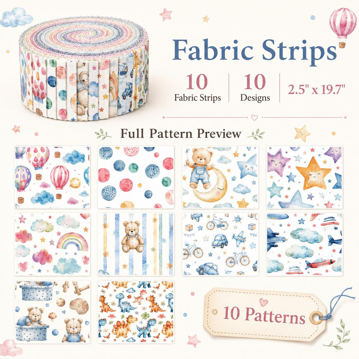 10pcs Vintage Star Bear Fire Balloon Pattern Jelly Roll Fabric Strips 2.5X19.7inch Pre-Cut 100% Polyester For Patchwork Quilts, Table Runners, Placemats, Tote Bags, Storage Pouches, Makeup Bags, Coasters, Quilt Blocks & Binding