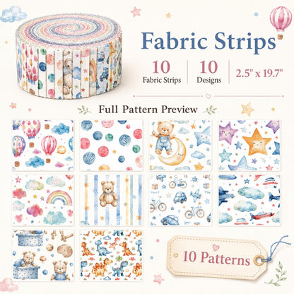10pcs Vintage Star Bear Fire Balloon Pattern Jelly Roll Fabric Strips 2.5X19.7inch Pre-Cut 100% Polyester For Patchwork Quilts, Table Runners, Placemats, Tote Bags, Storage Pouches, Makeup Bags, Coasters, Quilt Blocks & Binding