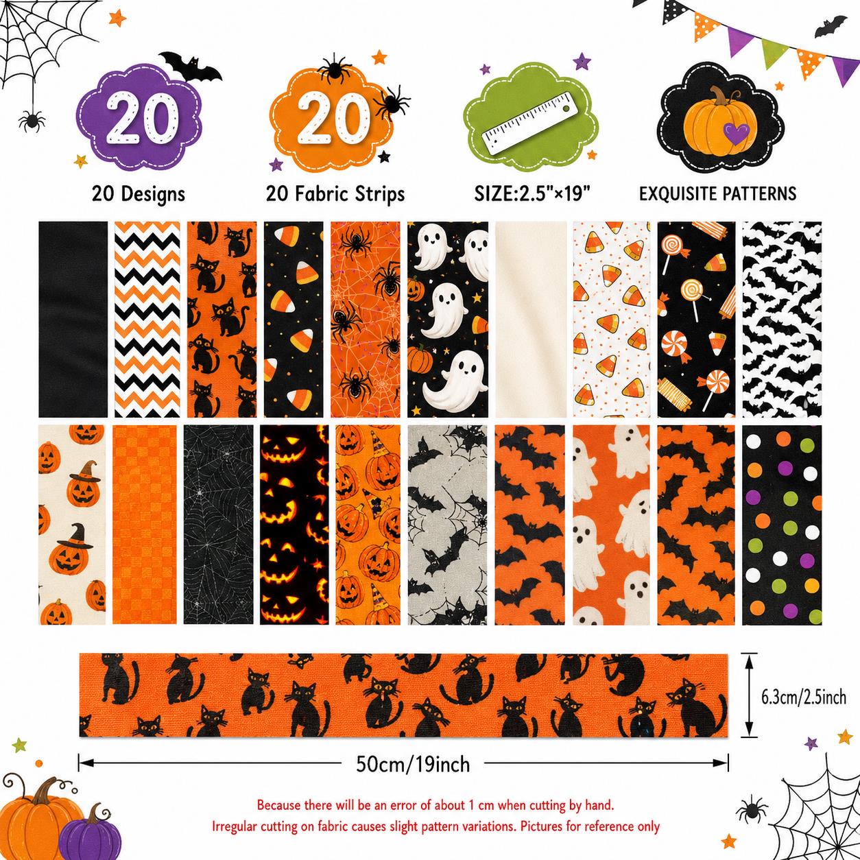 20pcs Vintage Jelly Roll Sliced Fabric Bat Pumpkin Ghost Halloween Series Fabric Strips 2.5X19.7inch Pre-cut Fresh and Delicate Printed Multi-Color 100% Polyester for DIY Handmade Patchwork, Table Runners, Placemats, Tote Bags, Storage Pouches