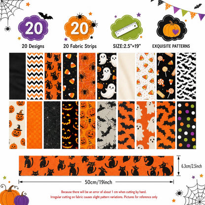 20pcs Vintage Jelly Roll Sliced Fabric Bat Pumpkin Ghost Halloween Series Fabric Strips 2.5X19.7inch Pre-cut Fresh and Delicate Printed Multi-Color 100% Polyester for DIY Handmade Patchwork, Table Runners, Placemats, Tote Bags, Storage Pouches