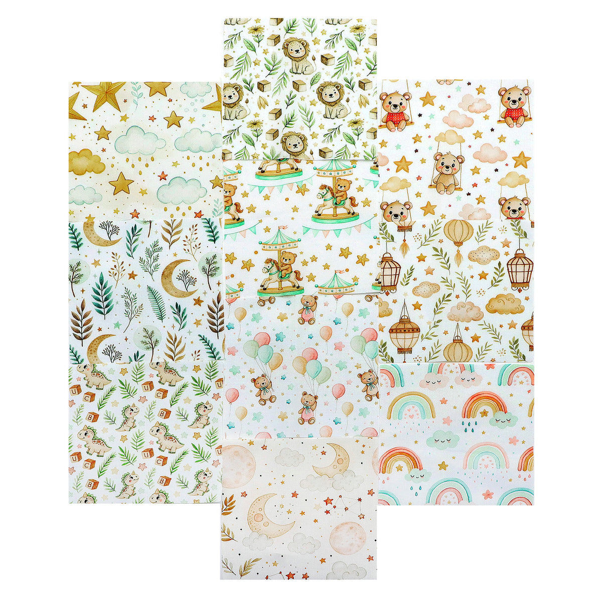 10Pc/Set Animal Series Dinosaurs Star Lions Bear Cloud Moon Fat Quarter Fabric, Pre-Cut Square Fabric Assort, Fabric Set, Craft Fabric, Handmade DIY Patchwork Fabric,Home Quilting Sewing Fabric, Packaging Fabric, Scrapbooking Craft Hobbyist