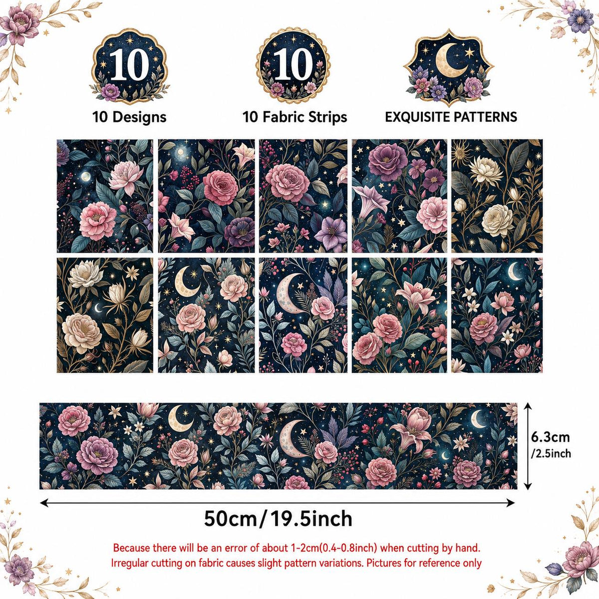 10pcs Vintage Floral Burgundy Moon Pattern Jelly Roll Fabric Strips 2.5X19.7inch Pre-Cut 100% Polyester For Patchwork Quilts, Table Runners, Placemats, Tote Bags, Storage Pouches, Makeup Bags, Coasters, Quilt Blocks & Binding