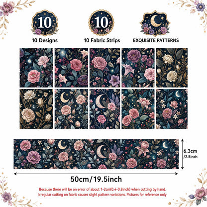 10pcs Vintage Floral Burgundy Moon Pattern Jelly Roll Fabric Strips 2.5X19.7inch Pre-Cut 100% Polyester For Patchwork Quilts, Table Runners, Placemats, Tote Bags, Storage Pouches, Makeup Bags, Coasters, Quilt Blocks & Binding