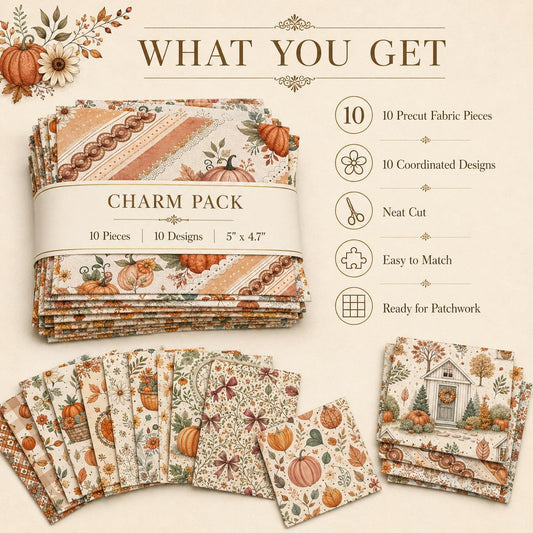 10pcs Charm Pack Set Pumpkin Autumn Pattern Vintage Style Handmade DIY with Rich Color and Texture Elements 100% Polyester Patchwork in 10 Design Styles Suitable for Patchwork DIY Craft Projects DIY Wallet Making Gift Giving Bag Making Mother's Day Gift