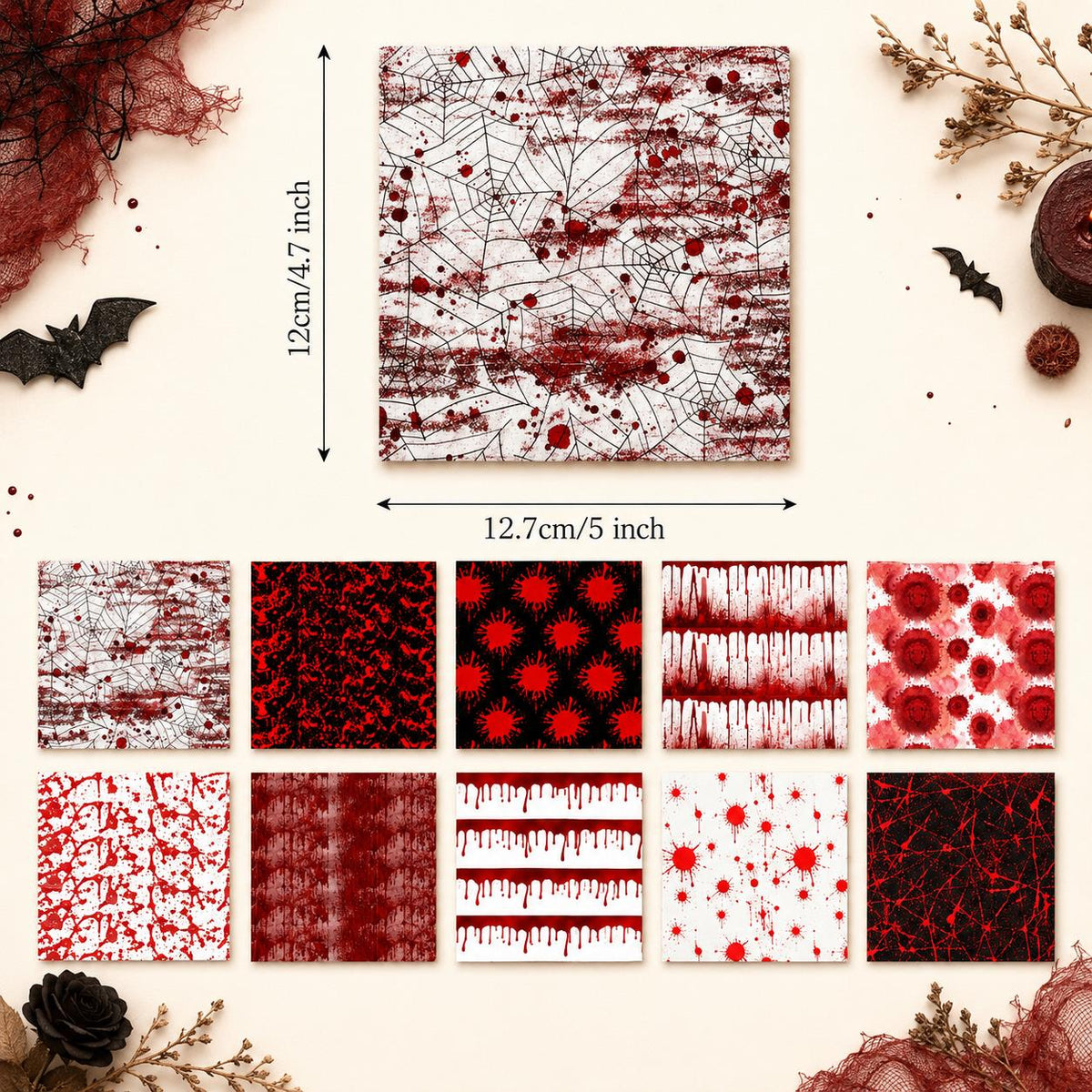 10pcs Charm Pack Set Blood Halloween Pattern Vintage Style Handmade DIY with Rich Color and Texture Elements 100% Polyester Patchwork in 10 Design Styles Suitable for Patchwork DIY Craft Projects DIY Wallet Making Gift Giving Bag Making Mother's Day Gift