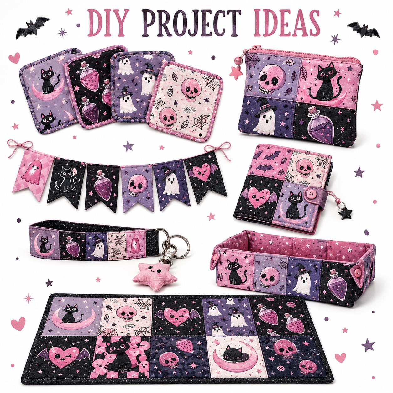 10pcs Charm Pack Set  Bat Ghost Skull Halloween Vintage Style Pattern Handmade DIY with Rich Color and Texture Elements 100% Polyester Patchwork in 10 Design Styles Suitable for Patchwork DIY Craft Projects DIY Wallet Making Gift Giving Bag Making