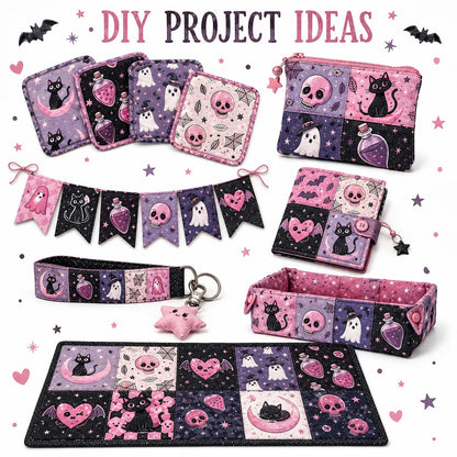 10pcs Charm Pack Set  Bat Ghost Skull Halloween Vintage Style Pattern Handmade DIY with Rich Color and Texture Elements 100% Polyester Patchwork in 10 Design Styles Suitable for Patchwork DIY Craft Projects DIY Wallet Making Gift Giving Bag Making