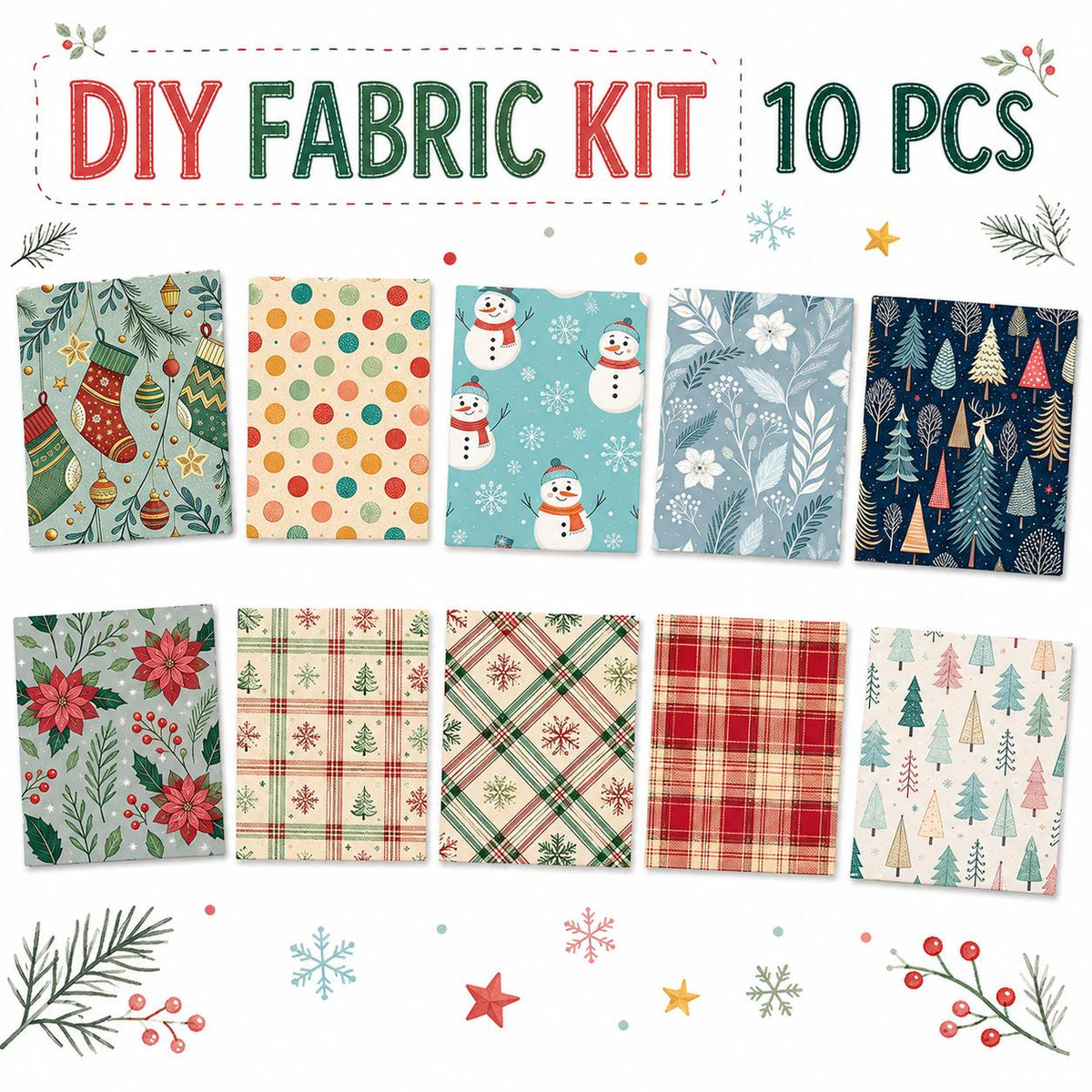 10Pc/Set Christmas Series Flower Dot Plaid Tree Deer Fat Quarter Fabric, Pre-Cut Square Fabric Assort, Fabric Set, Craft Fabric, Handmade DIY Patchwork Fabric,Home Quilting Sewing Fabric, Packaging Fabric, Scrapbooking Craft Hobbyist