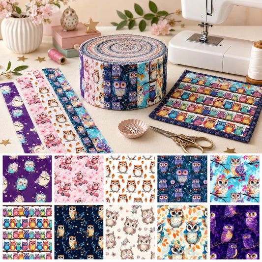 10Pc/Set, Making 10 Images 1pc Each, Each Size: 6.3*50cm Owl Animal Series Sliced Fabric Set Style Combination, Polyester Jelly Roll Fabric Strips, Pre-Cut Quilting Squares, For Quilting DIY, Handicrafts And Sewing, Blankets, Rugs, Interior Decoration