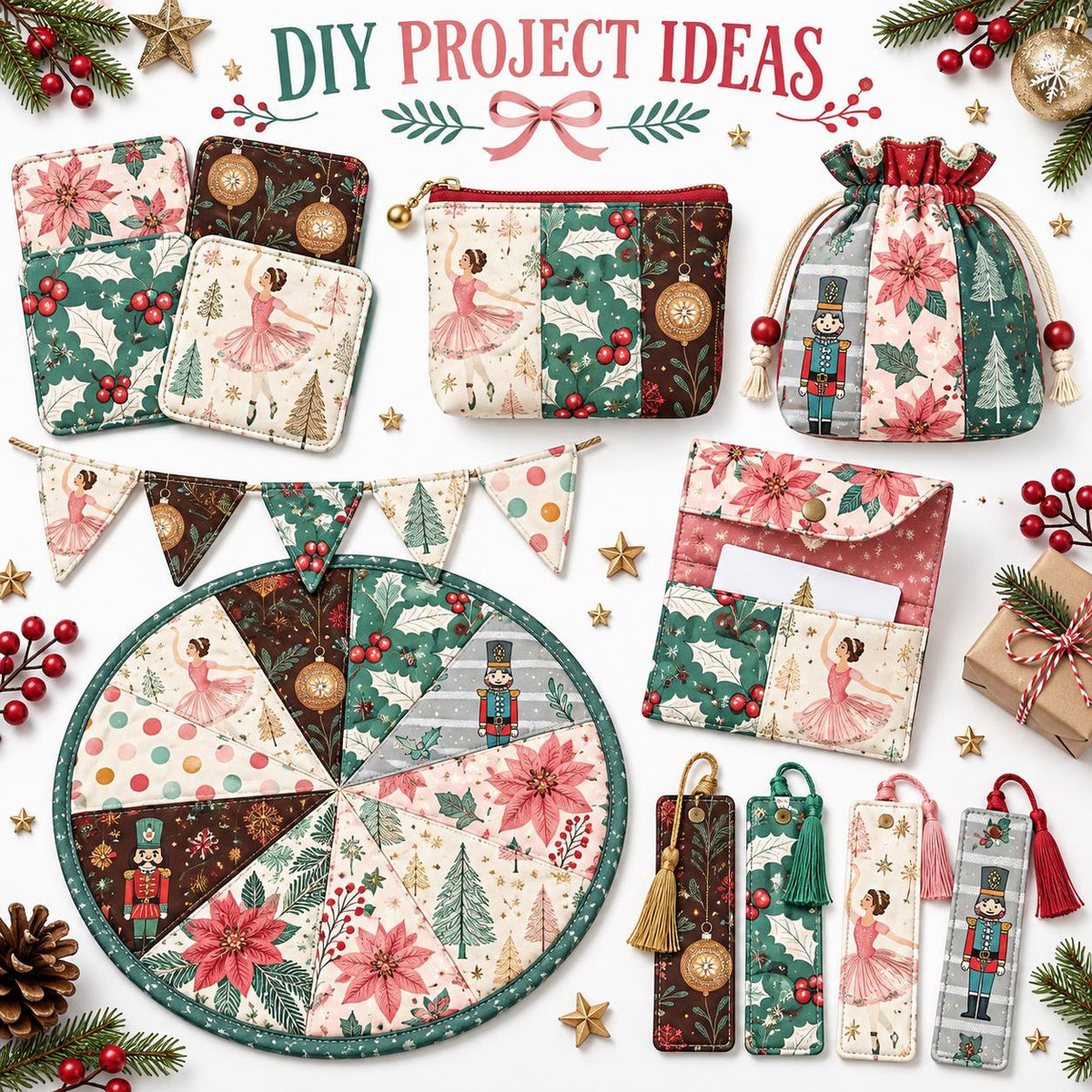 10Pc/Set Christmas Series Flower Ballet Tree Holly Fat Quarter Fabric, Pre-Cut Square Fabric Assort, Fabric Set, Craft Fabric, Handmade DIY Patchwork Fabric,Home Quilting Sewing Fabric, Packaging Fabric, Scrapbooking Craft Hobbyist